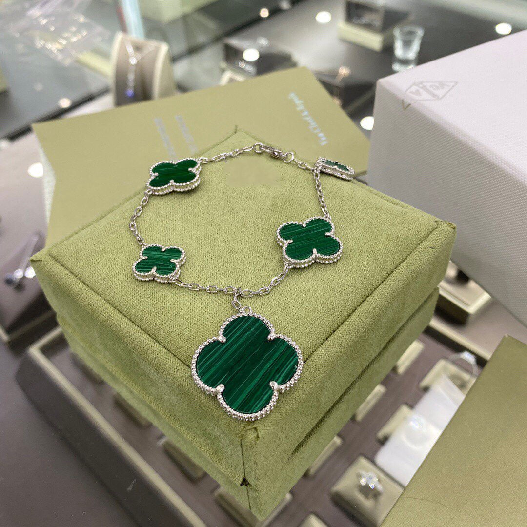 [Lunabriance]CLOVER 5 MOTIFS SIVLER MALACHITE BRACELET