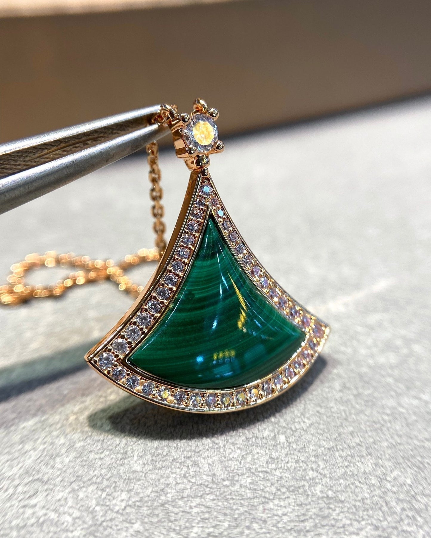 [Lunabriance]DREAM MALACHITE DIAMOND PAVED PINK GOLD NECKLACE