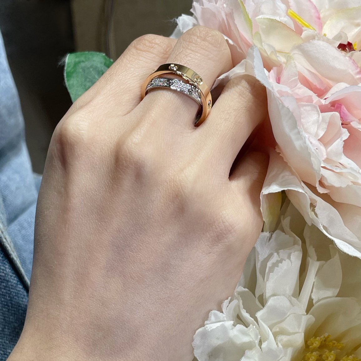 [Lunabriance]LOVE PINK GOLD SILVER DIAMOND DOUBLE RING