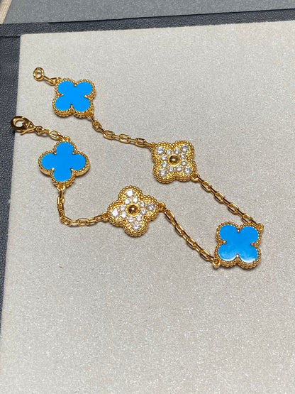 [Lunabriance]CLOVER 5 MOTIF BLUE CHALCEDONY DIAMOND GOLD BRACELET