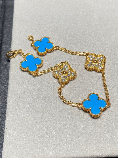 [Lunabriance]CLOVER 5 MOTIF BLUE CHALCEDONY DIAMOND GOLD BRACELET