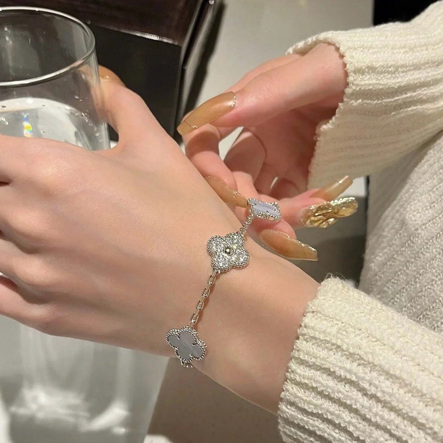 [Lunabriance]CLOVER  5 MOTIF DIAMOND PURPLE CHALCEDONY BRACELET SILVER