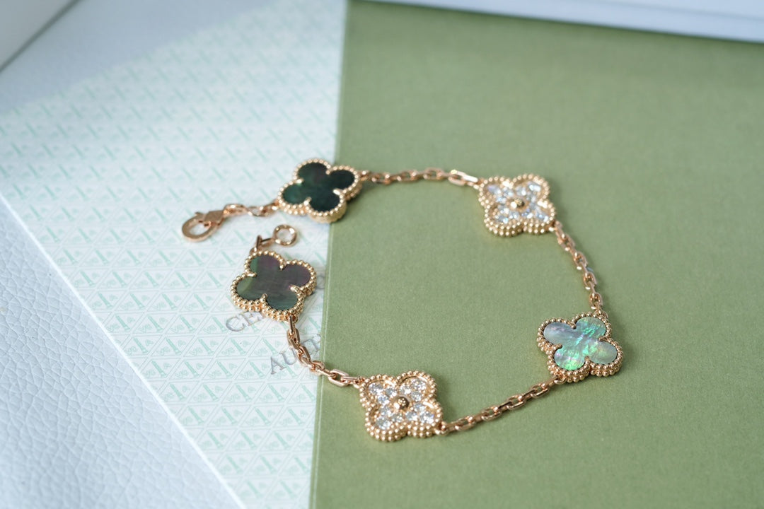 [Lunabriance]CLOVER 5 MOTIFS DARK MOP AND DIAMONDS PINK GOLD BRACELET