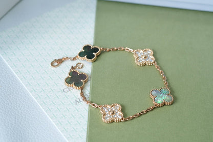 [Lunabriance]CLOVER 5 MOTIFS DARK MOP AND DIAMONDS PINK GOLD BRACELET