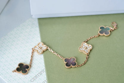 [Lunabriance]CLOVER 5 MOTIFS DARK MOP AND DIAMONDS PINK GOLD BRACELET