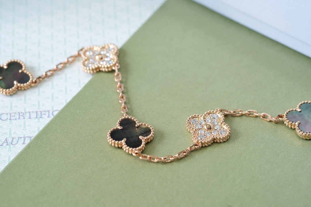[Lunabriance]CLOVER 5 MOTIFS DARK MOP AND DIAMONDS PINK GOLD BRACELET